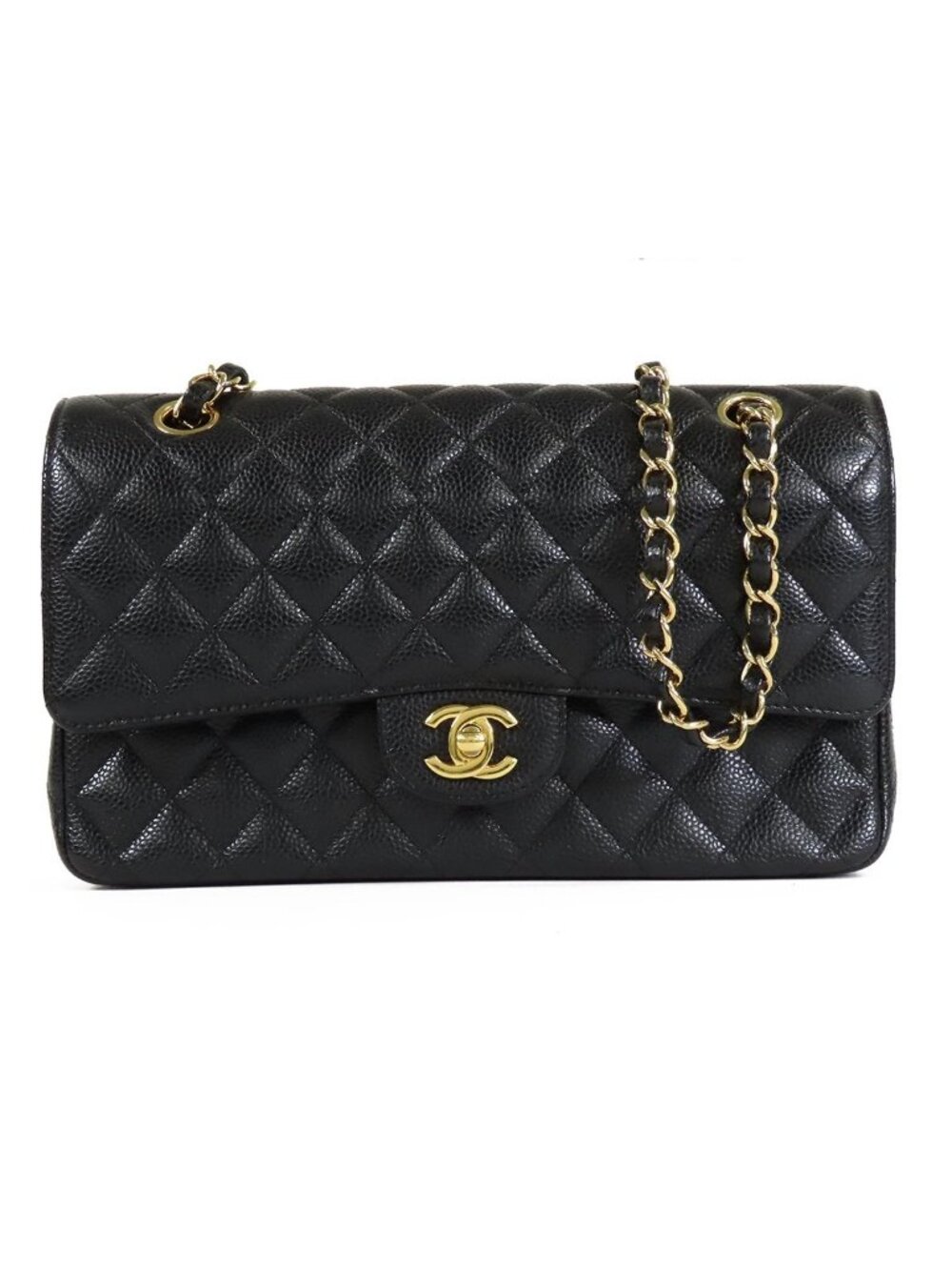 Chanel Classic Black Caviar Leather Quilted 25 Double Flap Chain Shoulder Bag